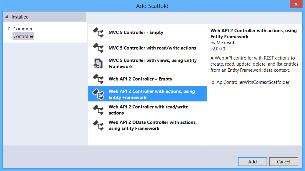 Capture d’écran de la boîte de dialogue Ajouter une structure montrant le contrôleur Web A P I 2 avec des actions à l’aide de l’option Entity Framework mise en évidence en bleu.