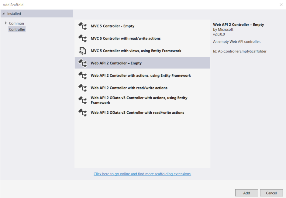 Capture d’écran montrant les options de menu de la boîte de dialogue Ajouter une structure, mettant en surbrillance l’option Vide du contrôleur Web A P I.