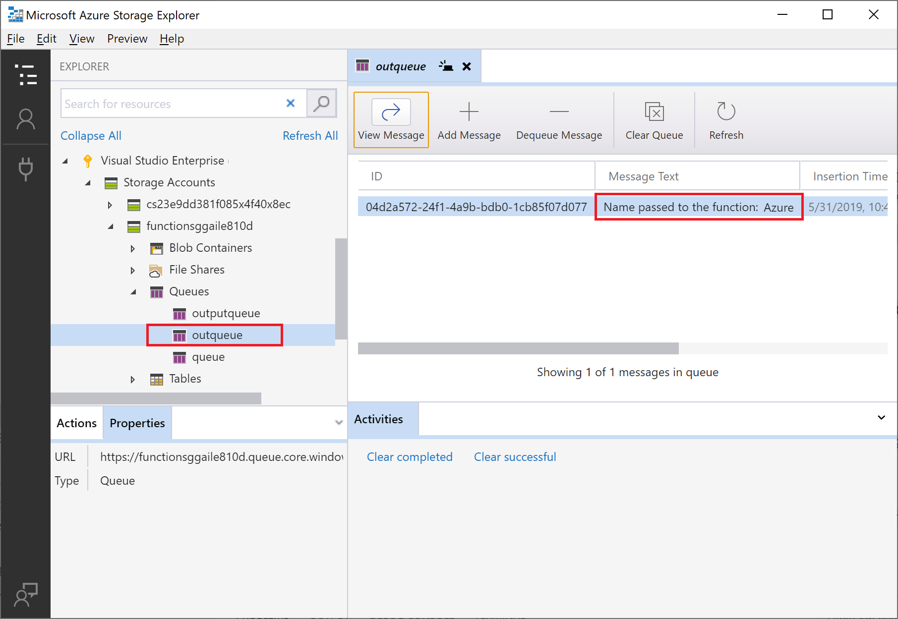 Screenshot du message de file d’attente affiché dans Azure Storage Explorer.