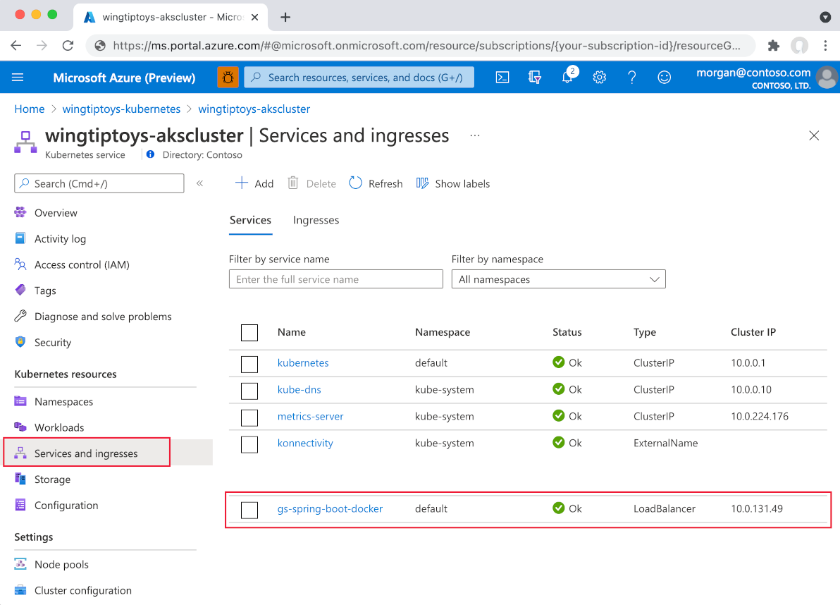 Affichage des ressources Kubernetes, liste des services.