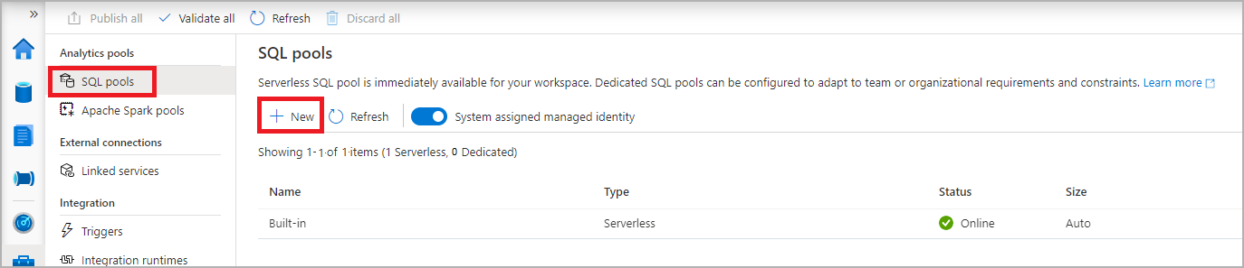 Capture d’écran de la liste des pools SQL dans Synapse Studio Management Hub.