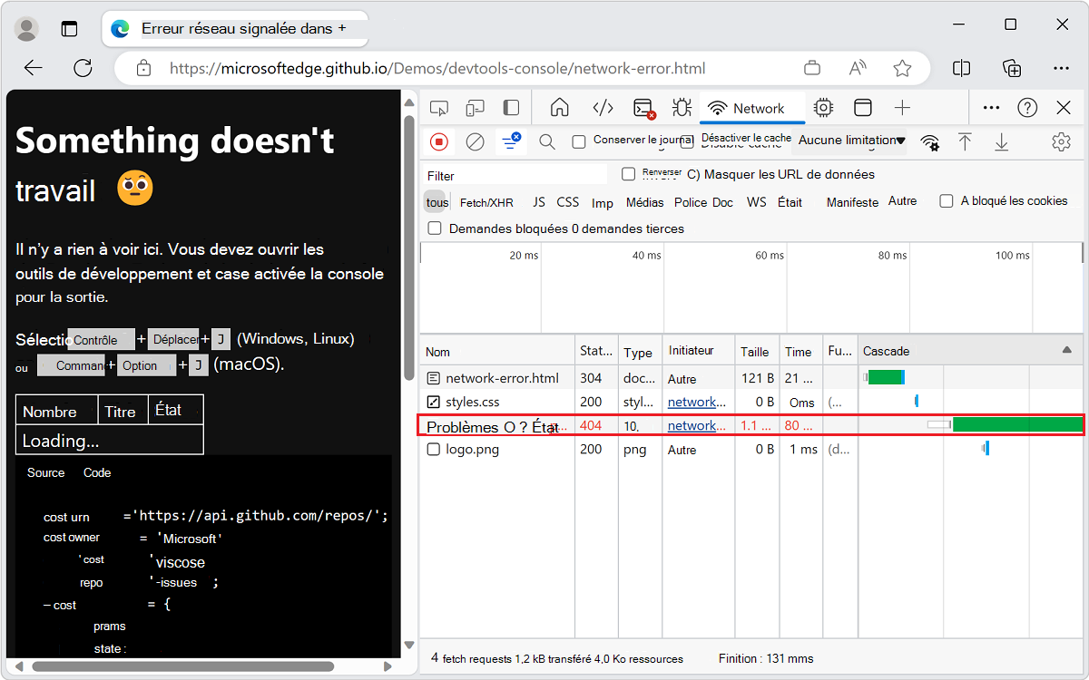 L’outil Réseau affiche plus d’informations sur la demande ayant échoué