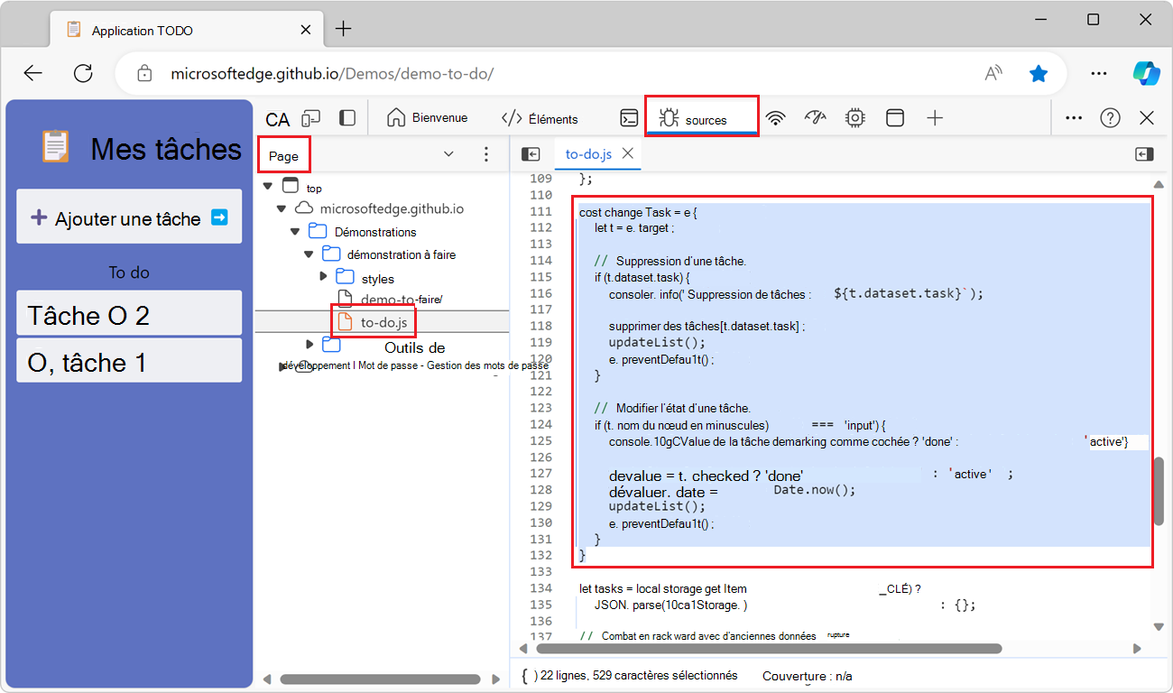 L’outil Sources dans Edge, avec le fichier to-do.js ouvert et quelques lignes de code sélectionnées