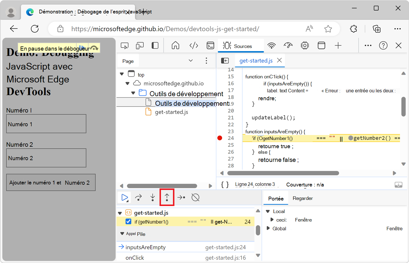 Cliquez sur Pas à pas sortant