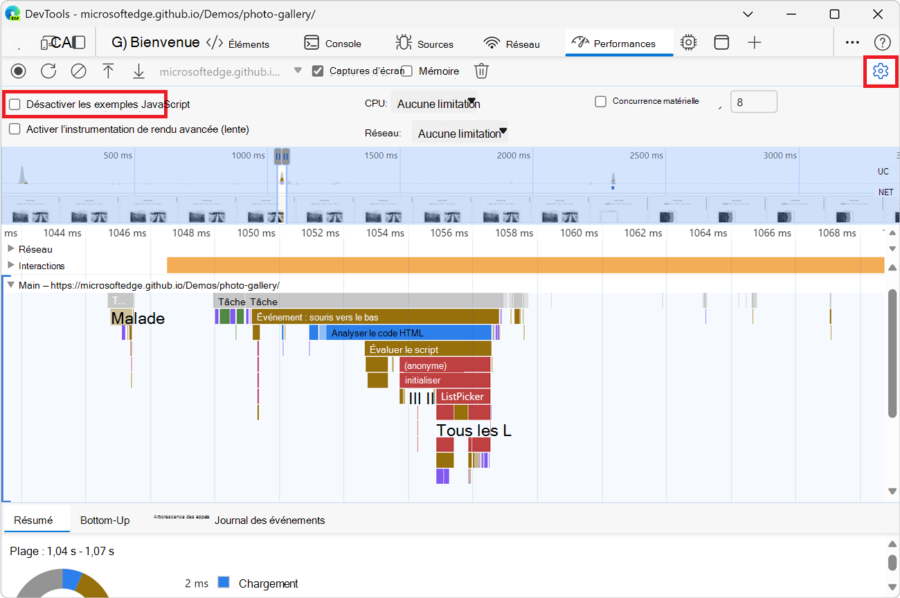 Exemple d’enregistrement lorsque les exemples JS sont activés.