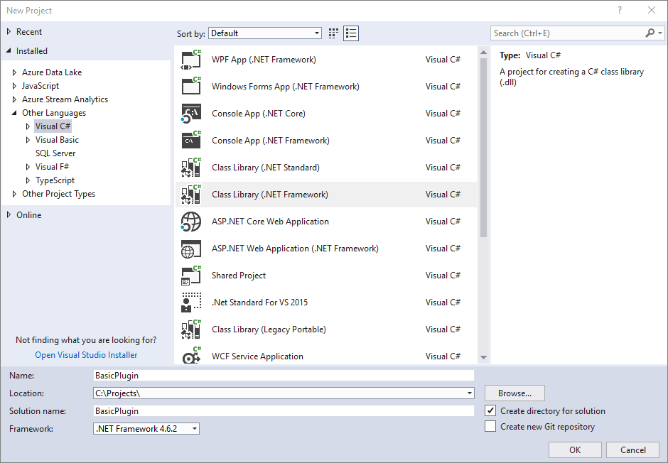 Ouvrir un nouveau projet Bibliothèque de classes (.NET Framework) à l’aide de .NET Framework&nbsp;4.6.2.