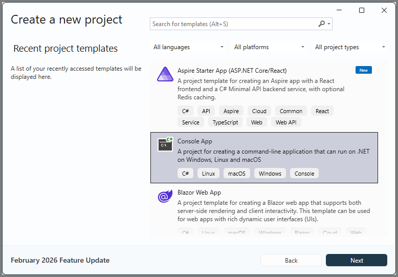 Nouveau projet d'application de console