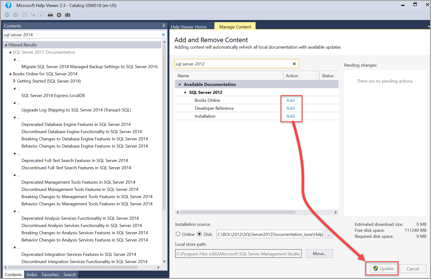 Ajout et mise à jour des livres SQL Server 2012 dans la Visionneuse d’aide