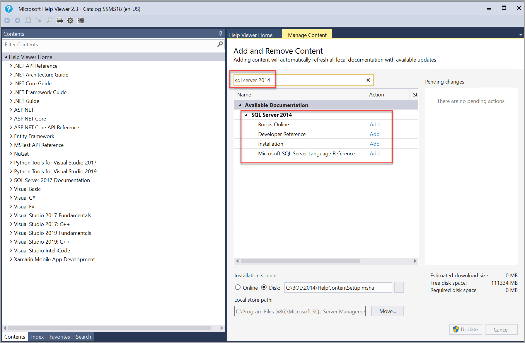 Recherche des manuels SQL Server 2014 dans la Visionneuse d’aide