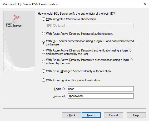 L’écran de création et de modification de DSN avec l’authentification SQL Server sélectionnée.