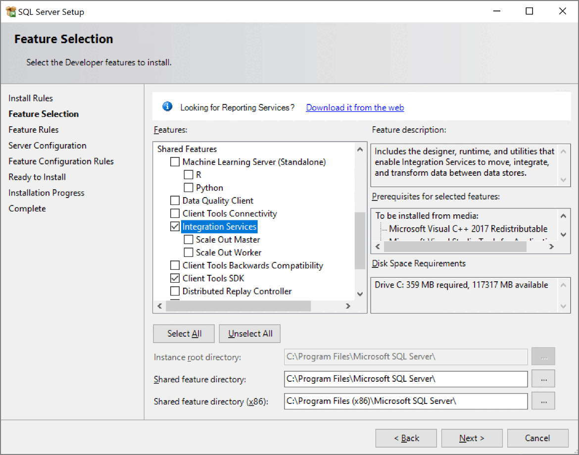 Capture d’écran de Installer la sélection des fonctionnalités Integration Services.