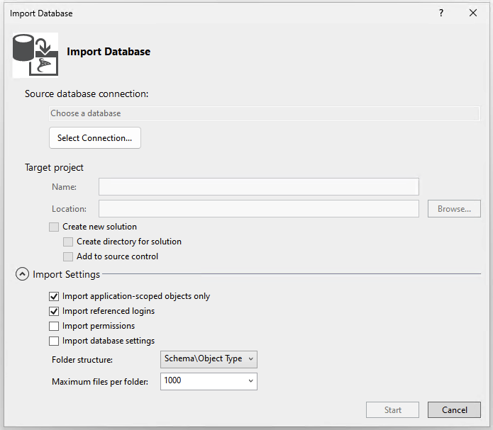 Screenshot de la boîte de dialogue Importer une base de données dans Visual Studio.
