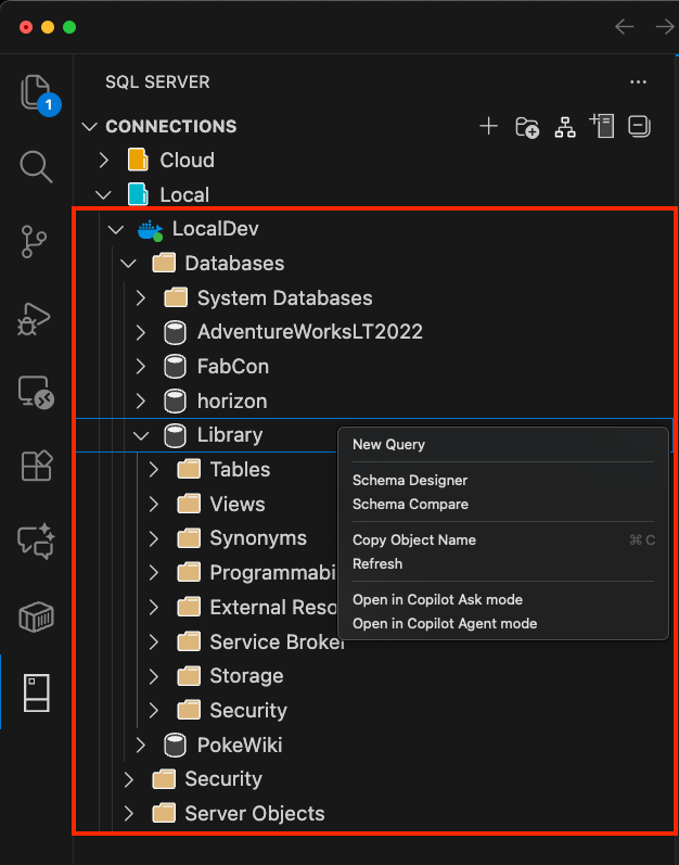 Capture d’écran montrant le menu contextuel de la base de données, en sélectionnant la conversation avec cette option de base de données.
