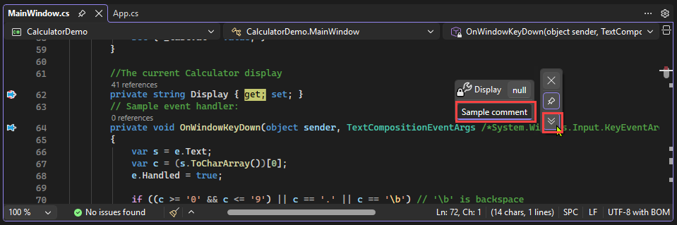 Capture d’écran montrant comment saisir des commentaires dans une info-bulle de données dans Visual Studio.