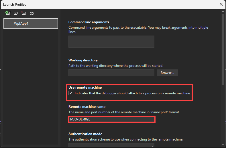 Capture d'écran de l'interface utilisateur du profil de lancement de débogage dans les propriétés du projet Visual Studio pour C# et .NET.