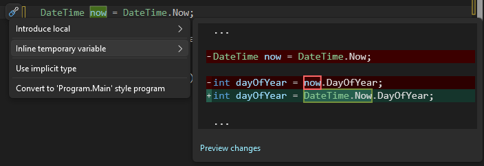 Screenshot affichant la suggestion de variable temporaire inline dans Visual Studio.