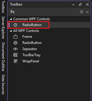 Screenshot montrant la fenêtre Boîte à outils avec le contrôle RadioButton sélectionné dans la liste des contrôles WPF courants.