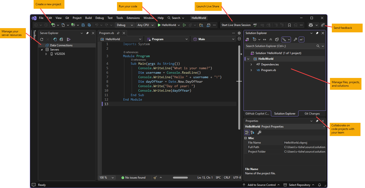 Capture d'écran de IDE Visual Studio avec du code Visual Basic et les fonctionnalités clés.