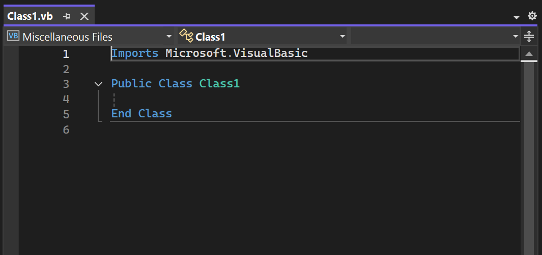 Screenshot d’un nouveau fichier de classe Visual Basic dans l’éditeur de code de Visual Studio.