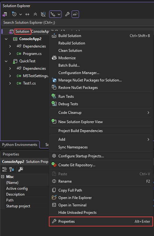 Capture d’écran du menu contextuel du nœud de solution.