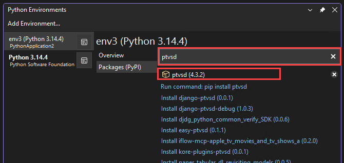 Capture d'écran qui montre comment vérifier la version ptvsd dans la Fenêtre des Environnements Python.