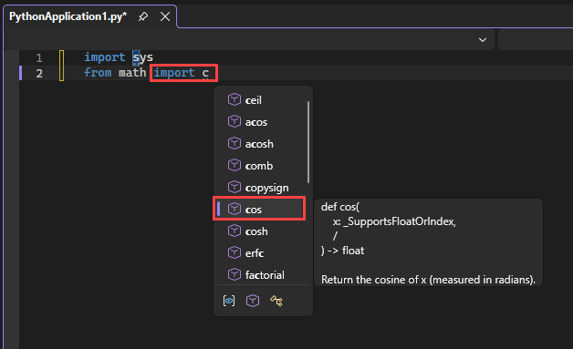 Capture d’écran montrant comment IntelliSense affiche les membres de module disponibles pour la fonction d’importation dans l’éditeur dans Visual Studio.