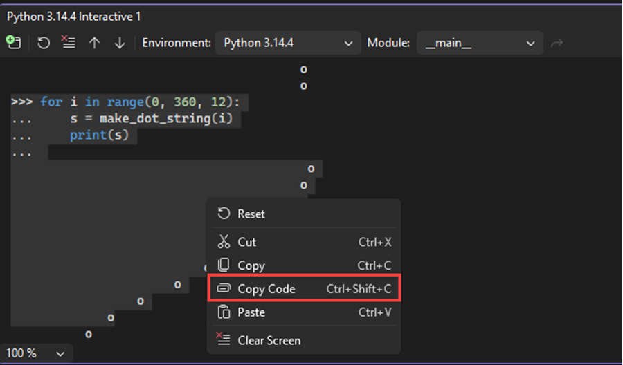 Capture d’écran montrant la commande de copie de code de la fenêtre interactive sur une sélection qui inclut des invites et une sortie dans Visual Studio.