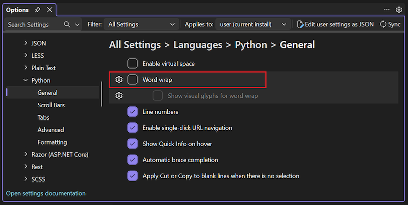 Capture d’écran montrant comment activer l’habillage de mots pour Python dans Visual Studio.
