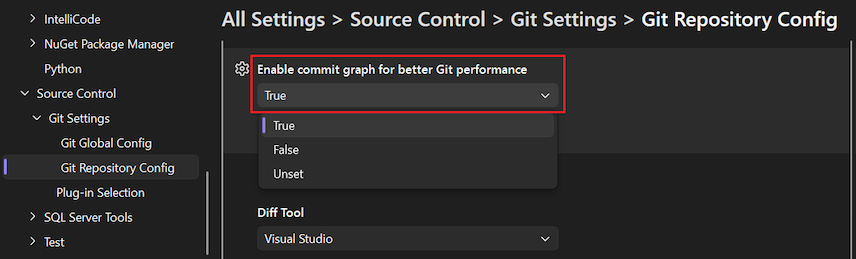 Capture d’écran montrant l’option « Activer le graphique de validation pour de meilleures performances Git » pour un référentiel local.