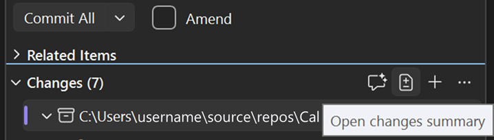 Capture d’écran montrant le résumé des modifications ouvertes dans la barre d’outils Modifications Git.