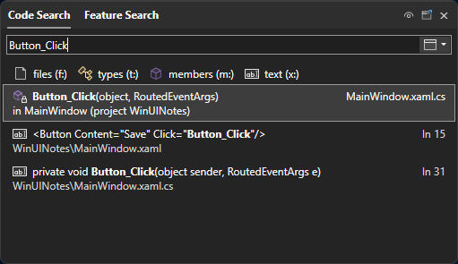 Fonctionnalité de recherche dans Visual Studio