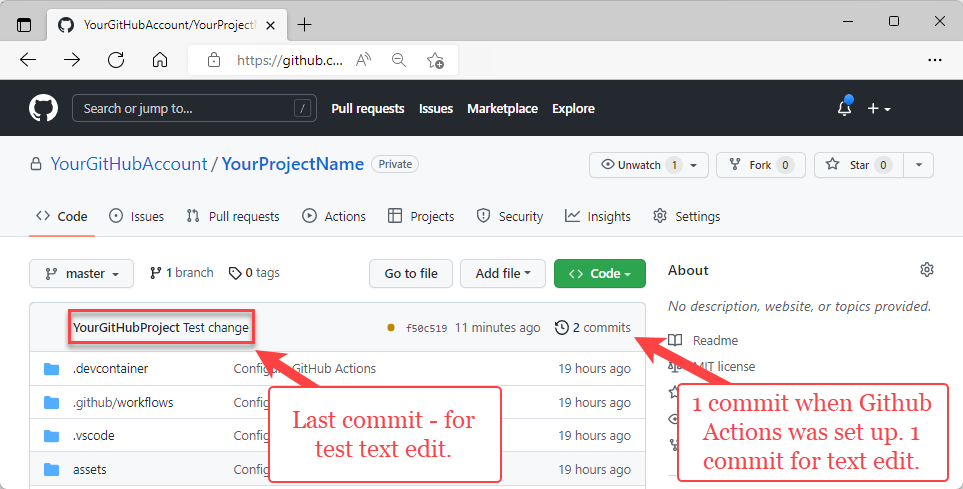 Screenshot della modifica committata su GitHub.