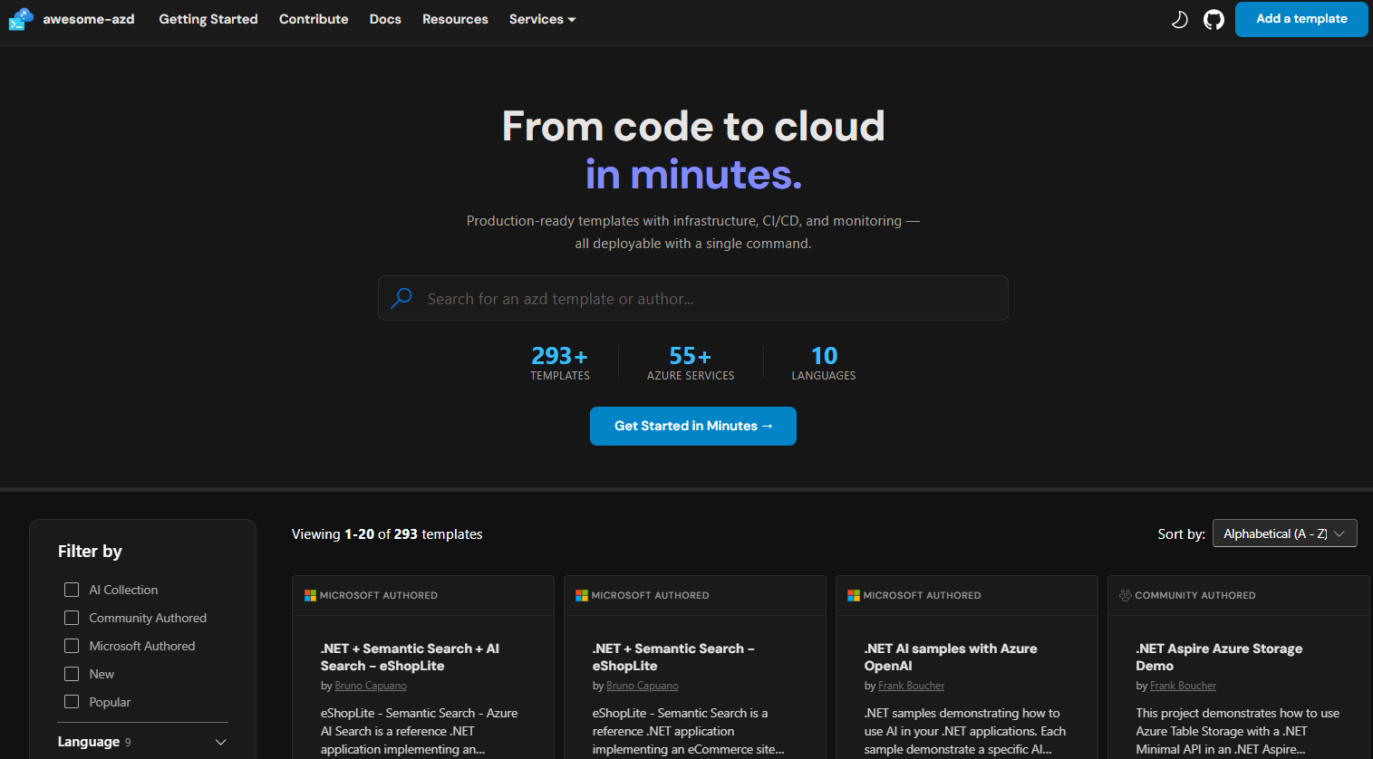 Screenshot che mostra la home page della raccolta di modelli Awesome AZD.