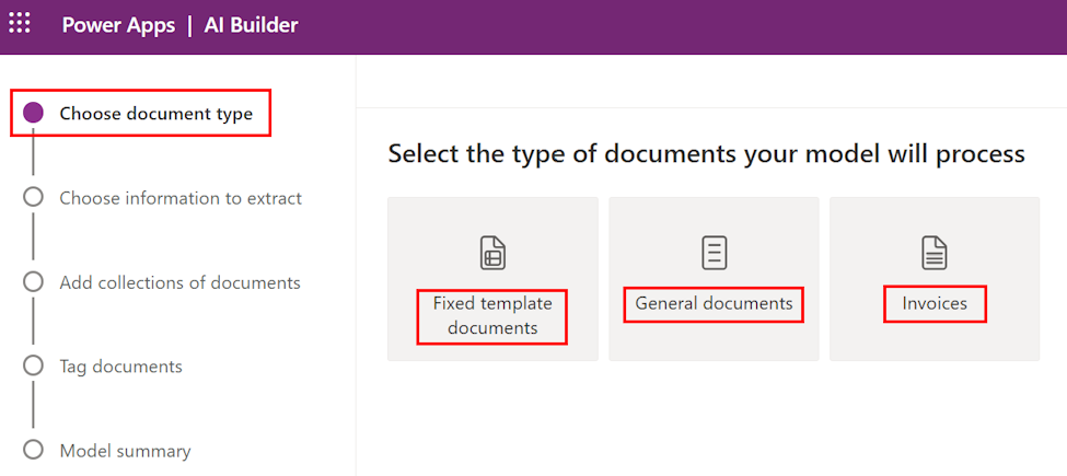 Schermata dei diversi tipi di documento.