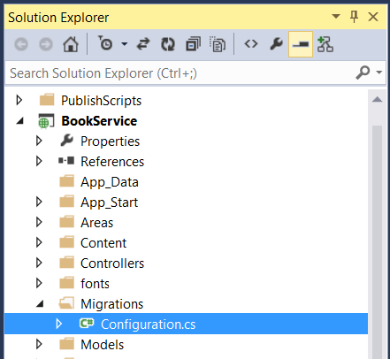 Screenshot dell'Esplora soluzioni che mostra la gerarchia di cartelle con il file Configuration.cs evidenziato in blu.
