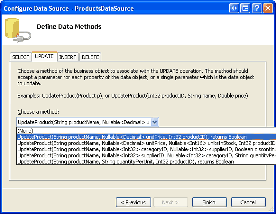 Impostare la scheda UPDATE elenco Drop-Down sull'overload appropriato di UpdateProduct
