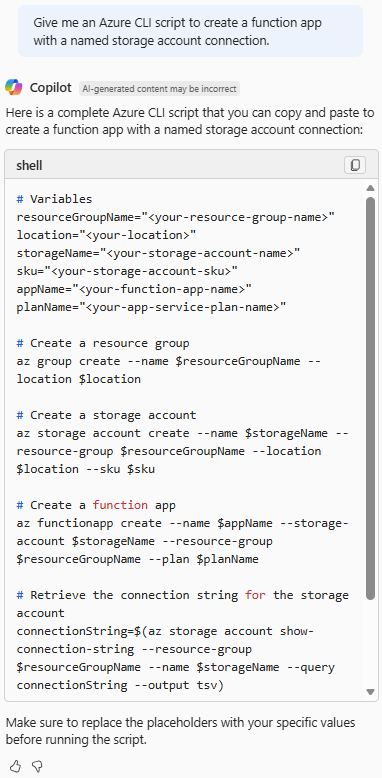 Screenshot di Azure Copilot che fornisce uno script dell'interfaccia della riga di comando di Azure per creare un'app per le funzioni con un account di archiviazione connesso.
