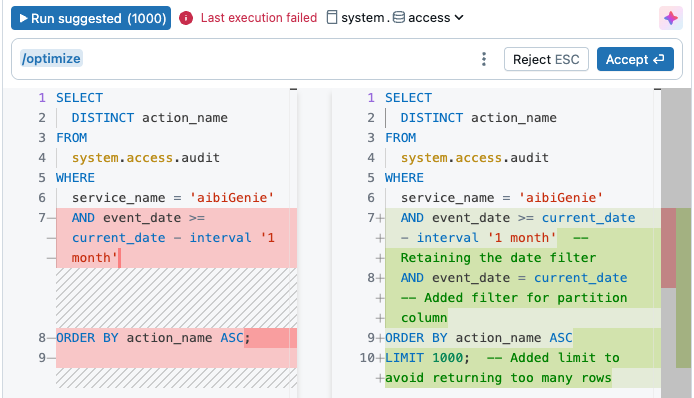 Query ottimizzata generata usando il comando /optimize con Genie Code