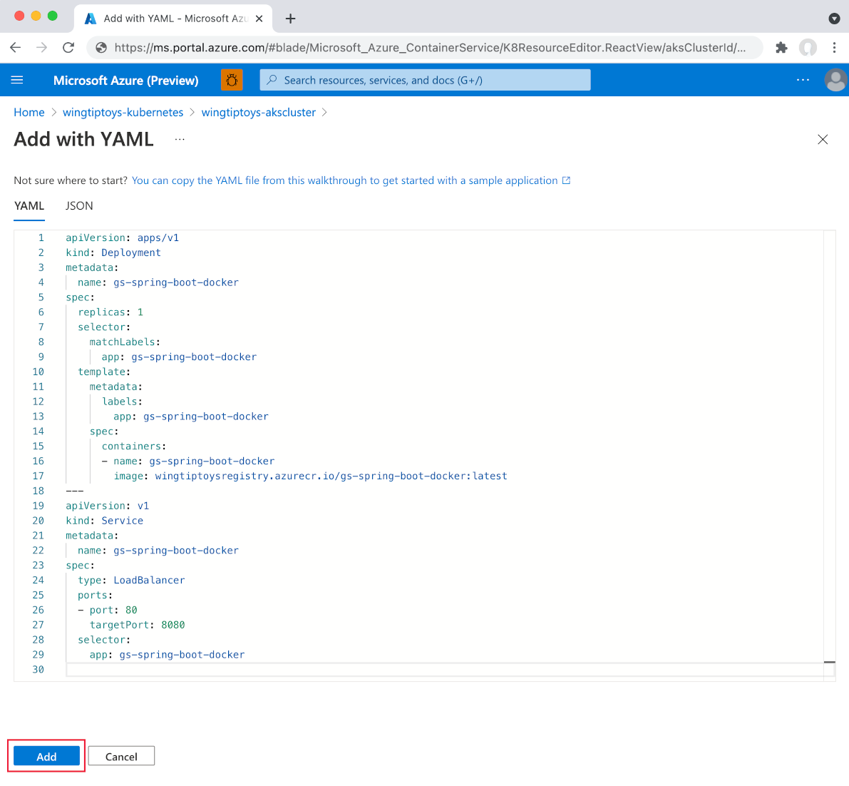 Visualizza le risorse Kubernetes, aggiungi una risorsa.