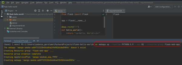 A screenshot dell'IDE PyCharm con un comando Azure CLI che distribuisce un'app Web.