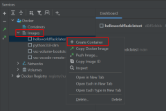 Screenshot che mostra come avviare il contenitore dall'immagine Docker in PyCharm.