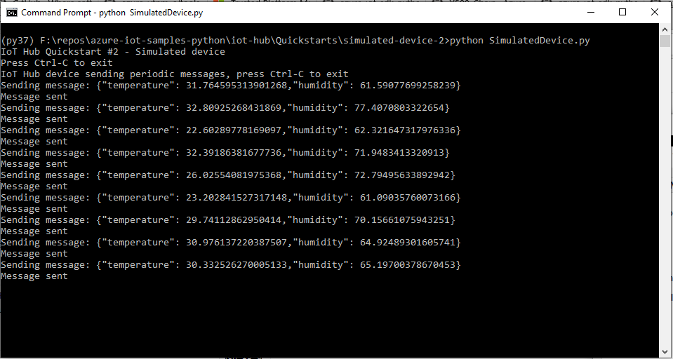 Screenshot di una finestra del terminale che mostra l'output dell'applicazione del dispositivo simulato.