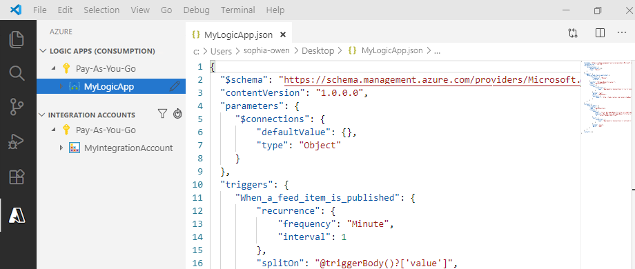 Screenshot che mostra un esempio di definizione di flusso di lavoro di Consumption logic app in Visual Studio Code.