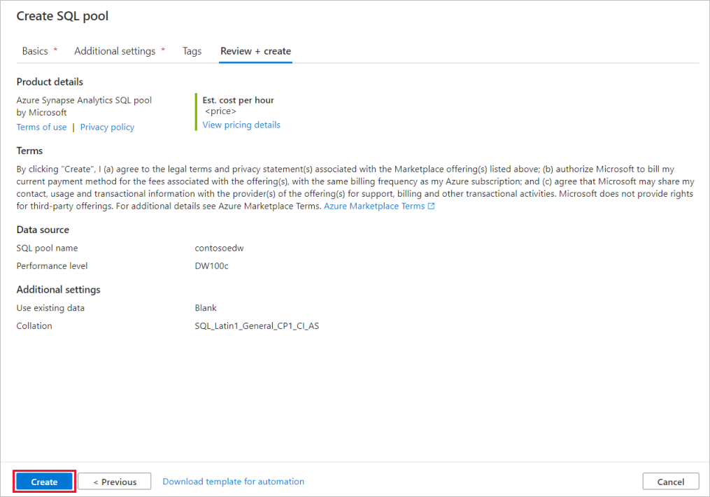 Screenshot della scheda del flusso di creazione del pool SQL - revisione delle impostazioni.