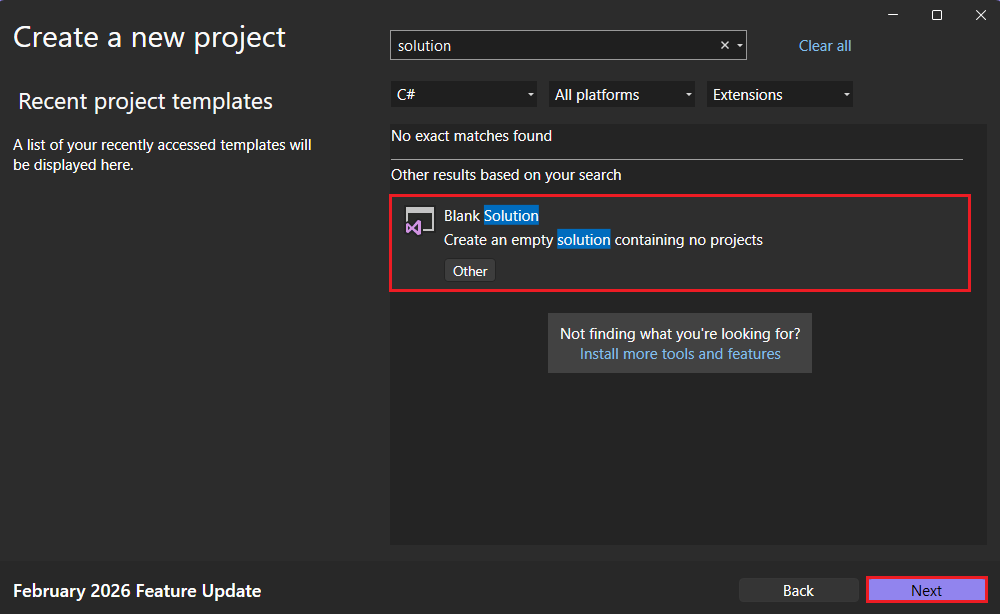 Modello di soluzione vuoto in Visual Studio