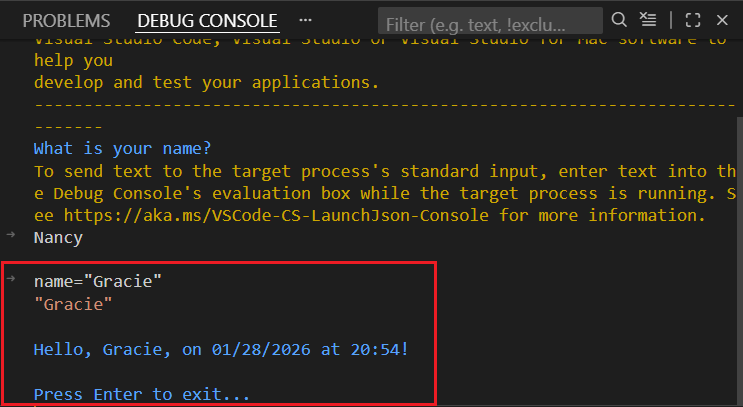 Terminale con i valori immessi