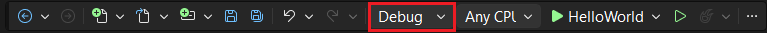Barra degli strumenti di Visual Studio con debug evidenziato