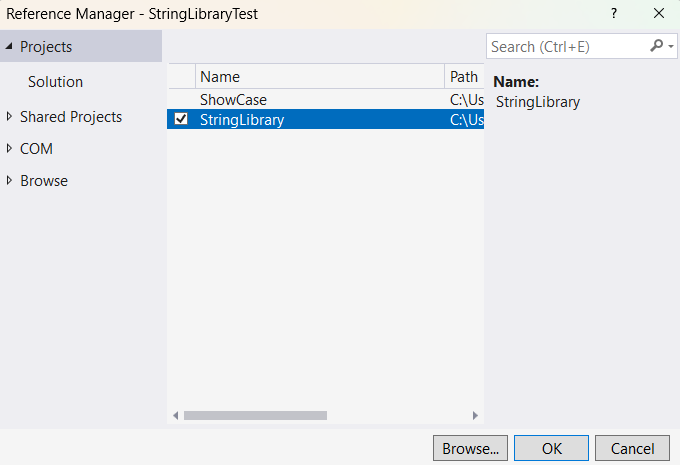 Aggiungere StringLibrary come riferimento al progetto per StringLibraryTest.