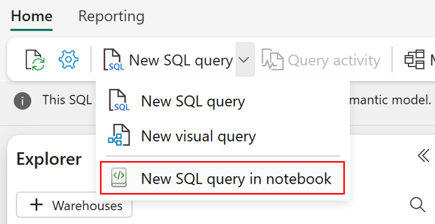 Screenshot dell'editor di query SQL del portale di Fabric che mostra l'elenco a discesa Nuova query SQL.
