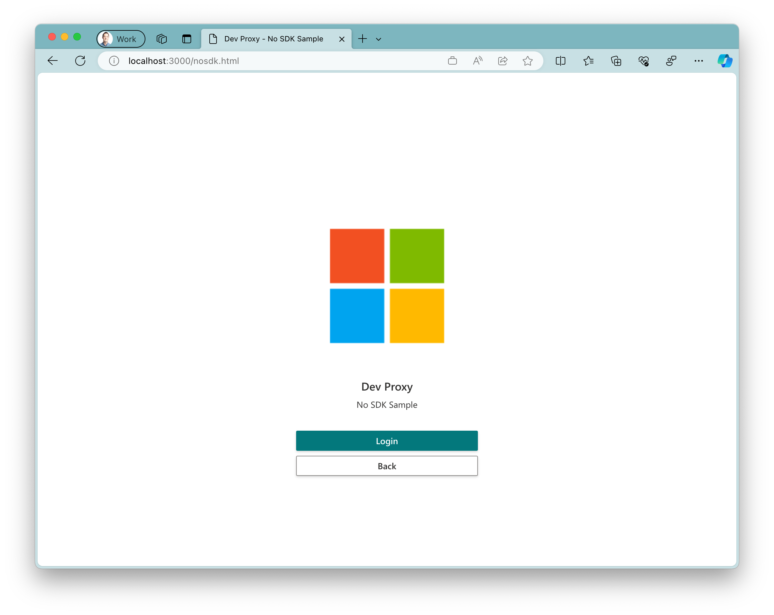 Screenshot dell'app di esempio in esecuzione nel browser Microsoft Edge in Windows 11. L'app mostra un grande logo Microsoft con due pulsanti sotto di esso. Pulsante primario con il testo 